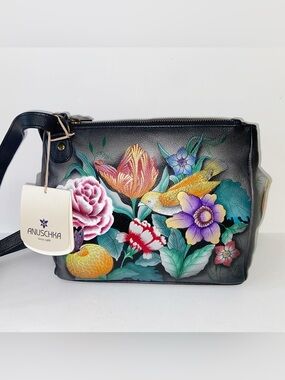 ANUSCHKA  Bag Hand Painted Leather Floral Flowers Birds Handbag Boho Artsy New